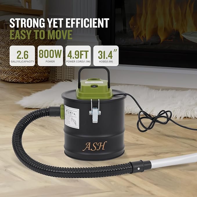 Ash Vacuum Cleaner -2.6 Gallon Fireplace Ash Vac with 800w Powerful Hose Non-Woven Dust Separator | Dry Stove Vacuum for Fireplaces Pellet Grill Wood Stove Fire Pits Green