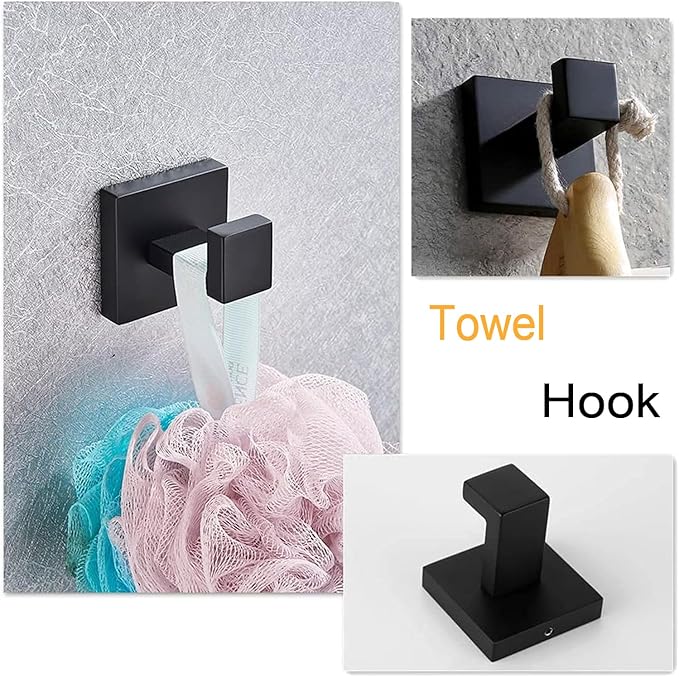 4-Piece Bathroom Hardware Set, Towel Rack Towel Bar Towel Holder Toilet Paper Holder Matte Black Towel Hooks Modern Square Stainless Steel Wall Mounted Bathroom Accessories Set (16inch)