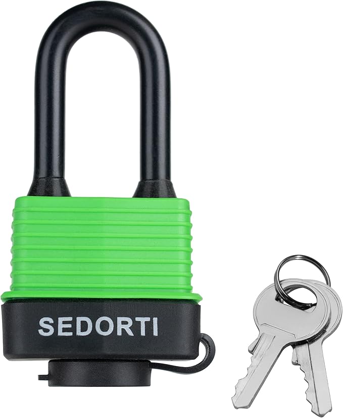 Colored Waterproof Padlocks, Heavy Duty Laminated Steel Lock with Green Plastic Covered, Keyed Alike Outdoor Locks, Can Be Used as Lockout Tagout Lock, Long Padlocks, Pack of 12
