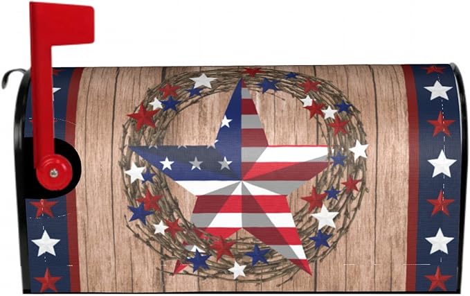 American Flag Star Patriotic Mailbox Cover Magnetic 4th of July Independence Day Standard Size 21 x 18 In Farmhouse Rustic Welcome Post Box Wrap Garden Yard Home Decor