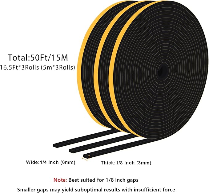 Strong Adhesive Window Seal Strip, Door Insulation Weather Strip, Foam Door Seal Strip, Soundproof Weatherproof, Windproof Airtight Weather Stripping for Door Frame(1/4 in x 1/8 in x 50Ft)