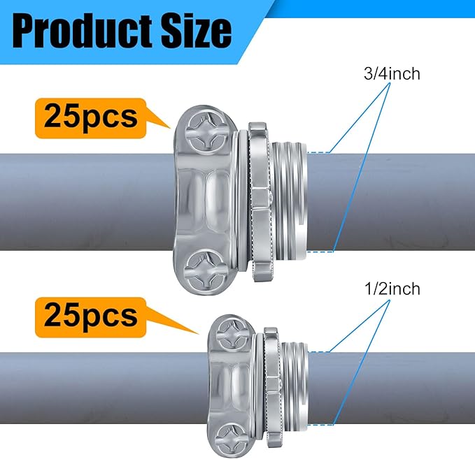 Blulu 50 Pcs Cable Connectors, Clamp Type Cable Connectors Conduit Clamp for Electric Wires Metallic Conduit Protect Cables Silver Zinc(3/4 Inch, 1/2 Inch)