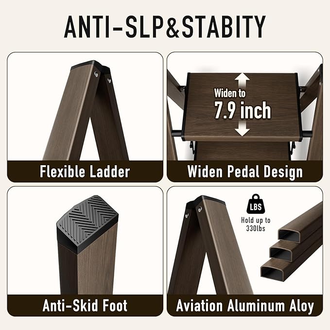 2 Step Ladder,Aluminum Folding Step Stool for Adults,Step Ladder with Wide Anti-Slip Pedal,330 lbs Capacity for Home,Office,Kitchen,Library(Walnut)