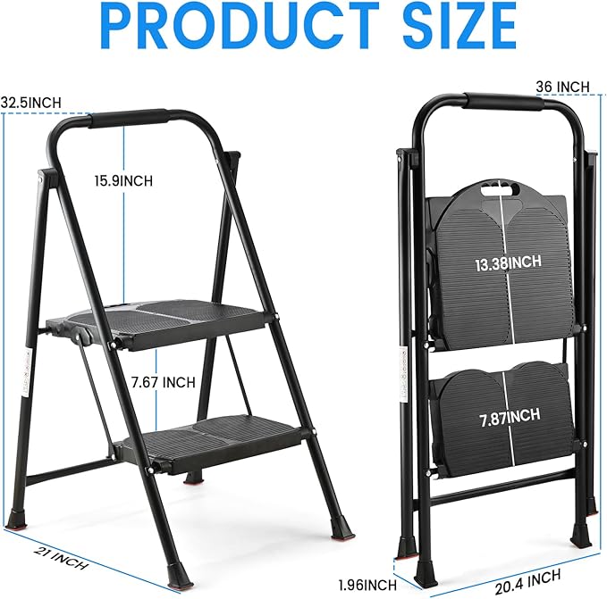 Extra Large & Wide 600lbs Step Ladder 2 Step Folding,Anti-Slip, Heavy Duty, Matte Black