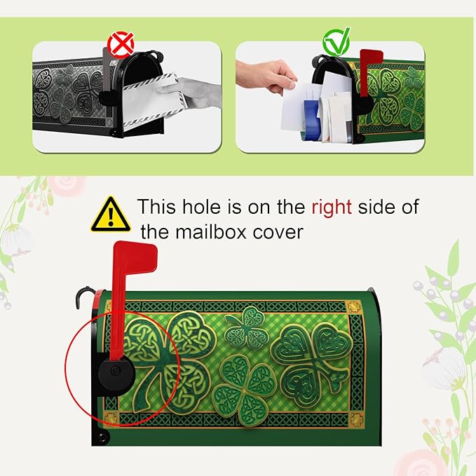 St. Patrick's Day Mailbox Cover - Magnetic, Standard Size, Green Shamrocks & Four Leaf Clover, Waterproof, 21x18 Inch