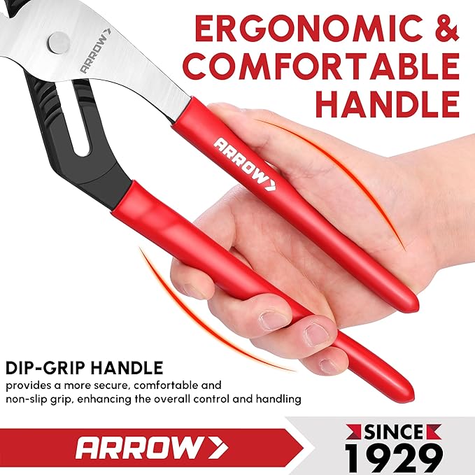 ARROW Groove Joint Pliers, 12" Adjustable Water Pump Pliers with 7 Jaw Positions, Serrated Jaws and Comfort Dip-grip Handle, Ideal for Plumbing Repair and Home Maintenance