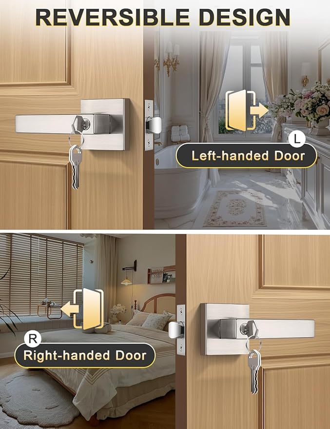 3 Pack Square Entry Door Levers with Lock and Key, Brushed Nickel Entrance Door Handles, for Exterior or Interior Doors, Bedroom, Office, Hotel (Each with 3 Keys)