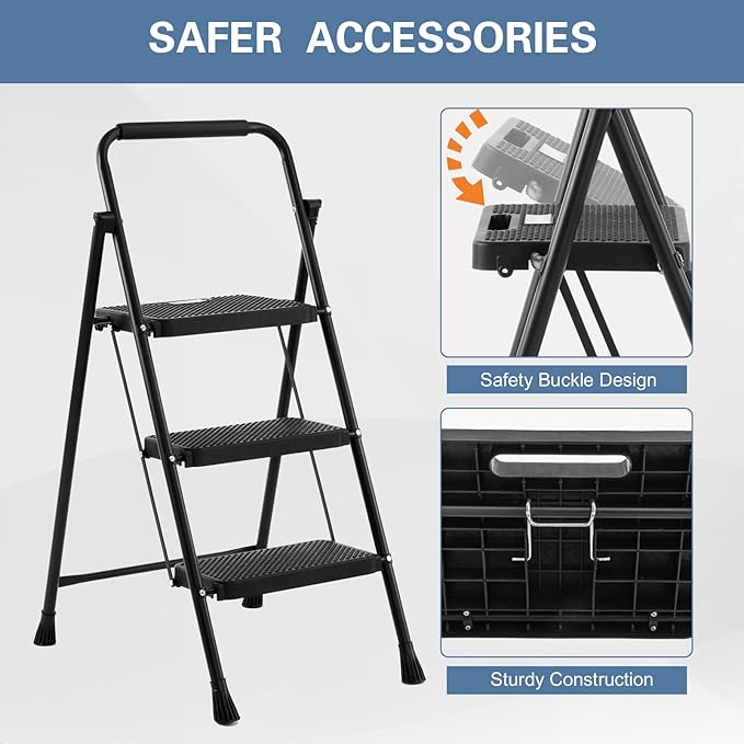 Nazhura Foldable 3 Step Stool Ladder, 300 Lb Weight Limit Folding 3 Stepping Ladder for Kitchen, with Wide Anti-Slip Pedal, Sturdy Steel Ladder, Convenient Handrail, Lightweight