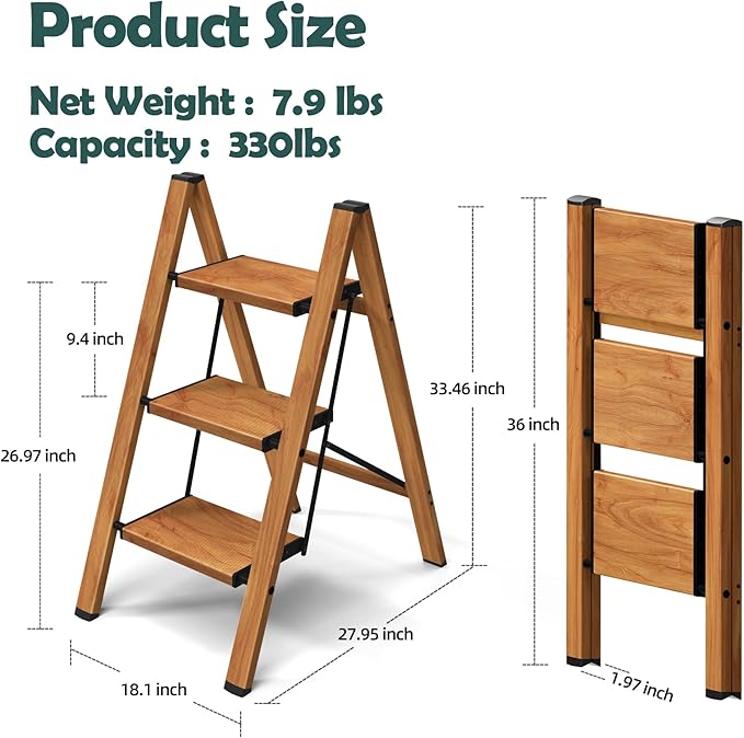 Taranta 3 Step Ladder,Aluminum Lightweight Folding 3 Step Stool with Anti-Slip Wide Pedal, 330lbs Capacity Step Ladder for Household,Kitchen,Office - Woodgrain
