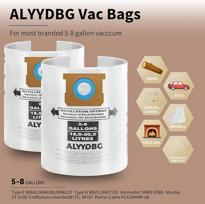 3 Pack Shop Vac 5-8 Gallon Filter Bags, ALYYDBG Type E - 90661 906-61 9066100 9066133; Type H 90671 9067-1 9067100 9067133 Vacuum Cleaner Filter Bags