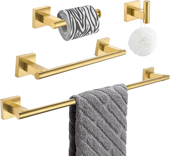 Suyar Brushed Gold Bathroom Accessories, SUS 304 Stainless Steel Bathroom Hardware Set 4 Pieces, Include Robe Hook, Toilet Paper Holder, Hand Towel Holder, Towel Bar, Wall Mount