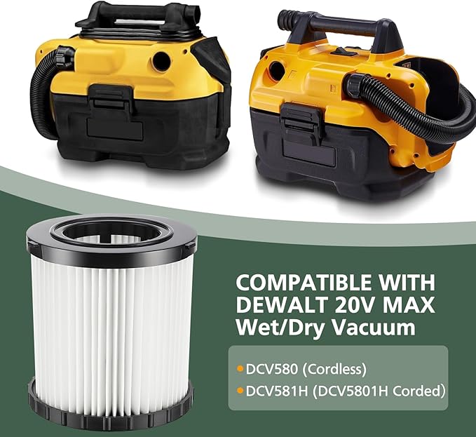 DCV580H DCV581H Vacuum Replacement Filter for DEWALT 20V MAX Wet/Dry VAC DCV580H (Cordless) DCV581H DCV5801H Portable Shop Vac Vacuum 2 Gallon Tank Capacity, Washable and Reusable Hepa Filter, 1 Pack