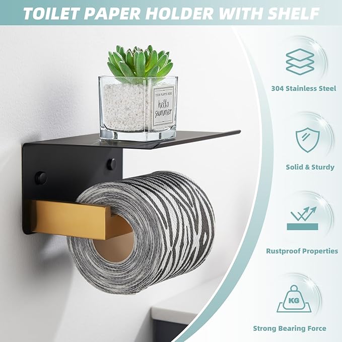 Toilet Paper Holder with Phone Shelf Black & Gold, APLusee 304 Stainless Steel Tissue Roll Dispenser Storage, Bathroom Accessories Wall Mounted