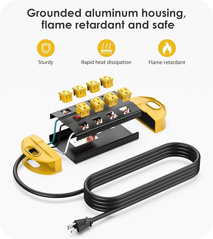 CCCEI Heavy Duty Power Strip Surge Protector, Metal 8 Outlets Power Strip for Appliance. Garage Shop Industrial Workbench 15 AMP Outlets Strip. 15FT Extension Cord. Set