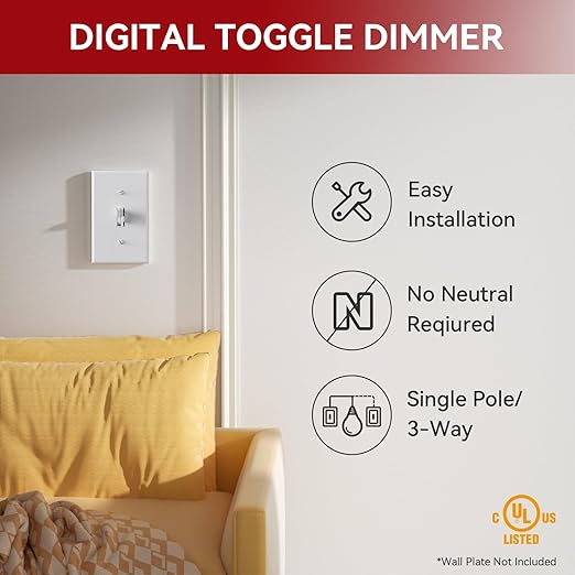 AIDA Toggle Slide Dimmer Switch for Dimmable LED Light/CFL/Incandescent 600 Watt max, Single-Pole or 3-Way, Rocker On/Off Wall Switch with Dimmer Slider, Wall Plate NOT Included, UL, White, 10 Pack