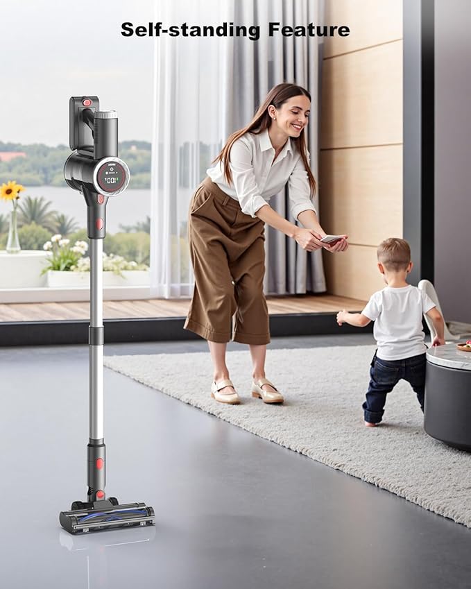 Cordless Vacuum Cleaner, 6-in-1 Lightweight Stick Vacuum with 45mins Runtime, LED Display & Light, Self-Standing, Rechargeable Cordless Vacuum for Carpet, Tile, Pet Hair, Hardwood Floors (Gray)