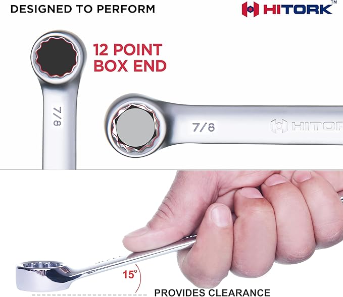 Hitork 24-Piece Combination Wrench Set, SAE (1/4"–1") & Metric (8–24mm), Cr-V Steel, Mirror Chrome Finish, 12-Point Box End, 15° Offset, with Roll Pouch – Ideal for Home, Garage & Auto Repair