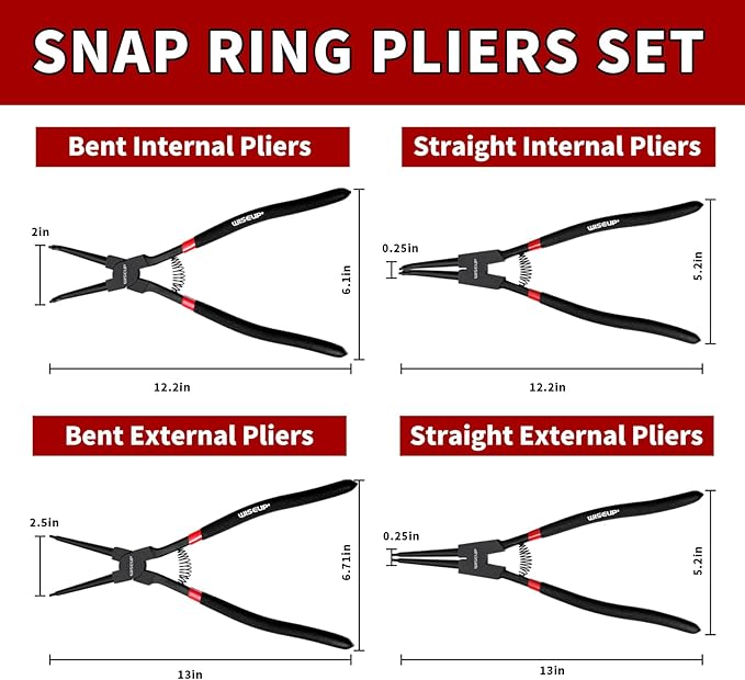 WISEUP Snap Ring Pliers Set Heavy Duty,4PCS-13 inch Internal/External Circlip Kit,Straight/Bent Jaw Tips C-Clip Pliers for Ring Remover Retaining (13 inch Circlip Pliers)