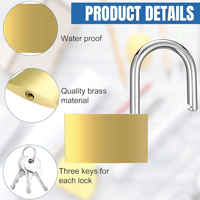 10pcs Solid Brass Keyed Padlock, Small Yellow Gym Lock, Strong Padlock with Same Key for Luggage Toolbox (50mm)