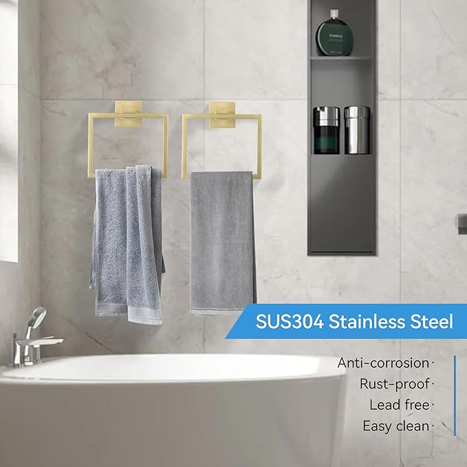 LANC Hand Towel Rings for Bathroom Wall Mount Brushed Gold Square Hand Towel Holder for Bath Kitchen Lavatory SUS304 Stainless Steel Contemporary Style Shower Towel Towel Racks Hanger, A8896BG