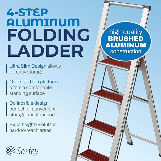 Step Ladder 4 Step Folding, Decorative - Beautiful Mahogany & Silver Aluminum, Ultra Slim Profile, Anti Slip Steps, Sturdy-Portable for Home, Office, Kitchen, Photography Use,by SORFEY