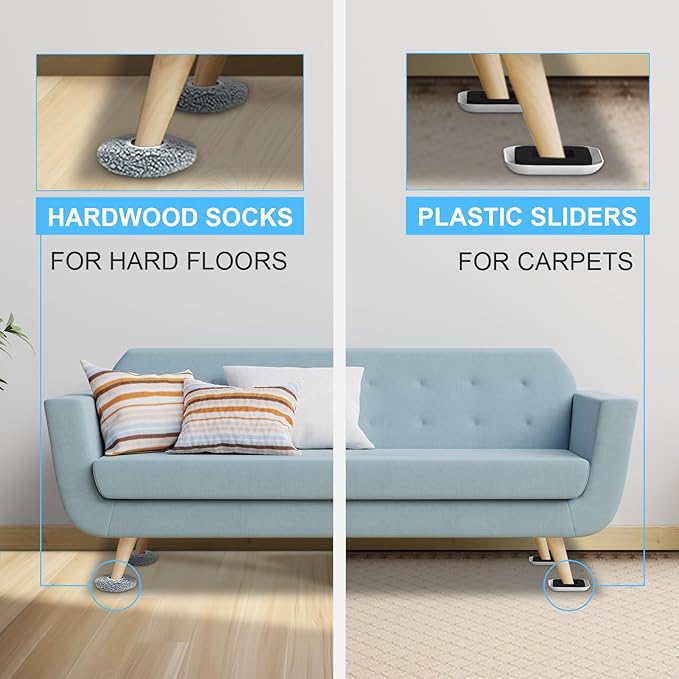 New Upgrade Furniture Movers Sliders, 8+8 Pack 4.3" Multi-Surface Furniture Sliders with Groove Design, 8PCS Moving Pads and 8 Hardwood Socks, Protect Floor and Easily Move Furniture