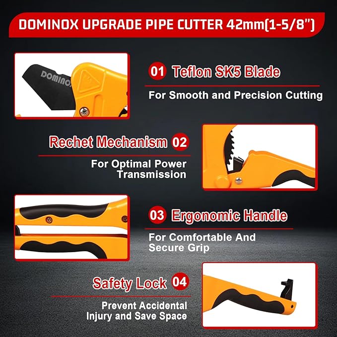 DOMINOX PVC Pipe Cutter, Cuts up to 1-5/8" PEX, PVC, PPR, Plastic Hoses& Plumbing Pipes,Ratchet PVC Cutter Tool with SK5 Blade and Aluminum Alloy Body