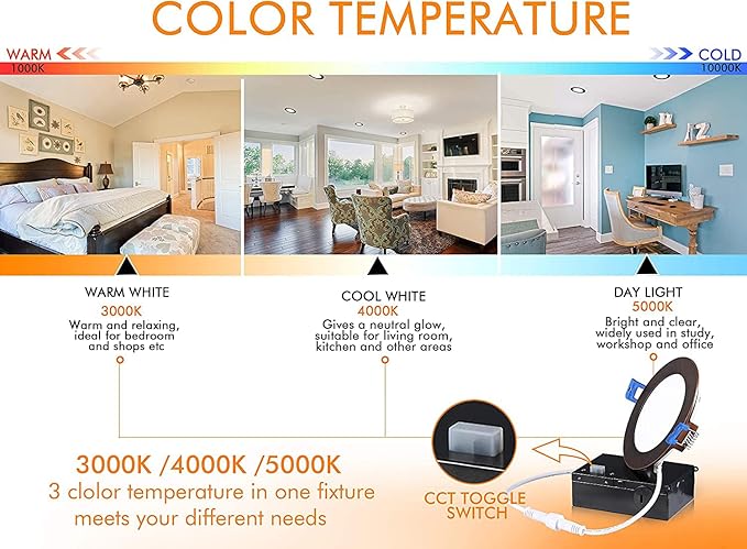 CLOUDY BAY Ultra Thin LED Recessed Ceiling Light,4 inch 3000K/ 4000K/ 5000K,Dimmable 10W CRI90+,Canless Light with Junction Box,IC Rated, Canless Wafer Downlight,Oil Rubbed Bronze,Damp Rated,6 Pack