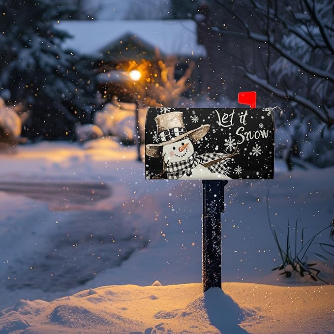 Winter Snowman Mailbox Cover Magnetic Standard Size 21 x 18 Christmas Holiday Snowflakes Post Letter Box Wraps Decor for Outside Black and White Garden Yard Outdoor Decorations
