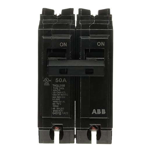 ABB Q-Line® THQL2150 50A Circuit Breaker • 50 Amp Double Pole Breaker, 120/240 VAC, 10 kAIC • Thermal Magnetic Trip • Long-Time & Instantaneous Protection (LI) • Plug-in Mount