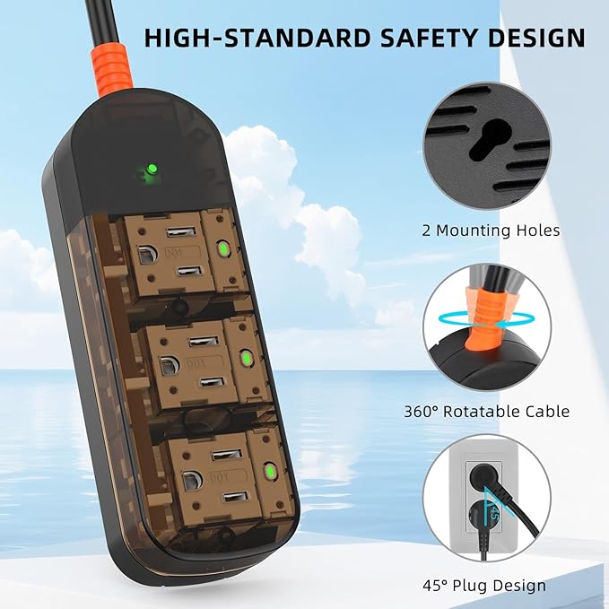 Surge Protector Power Strip, KPQ IPX6 Grade Waterproof Outdoor/Indoor Power Strip Weatherproof with 3 AC Outlets, 5FT Extension Cord, Wall Mountable for Home, Office, Camping