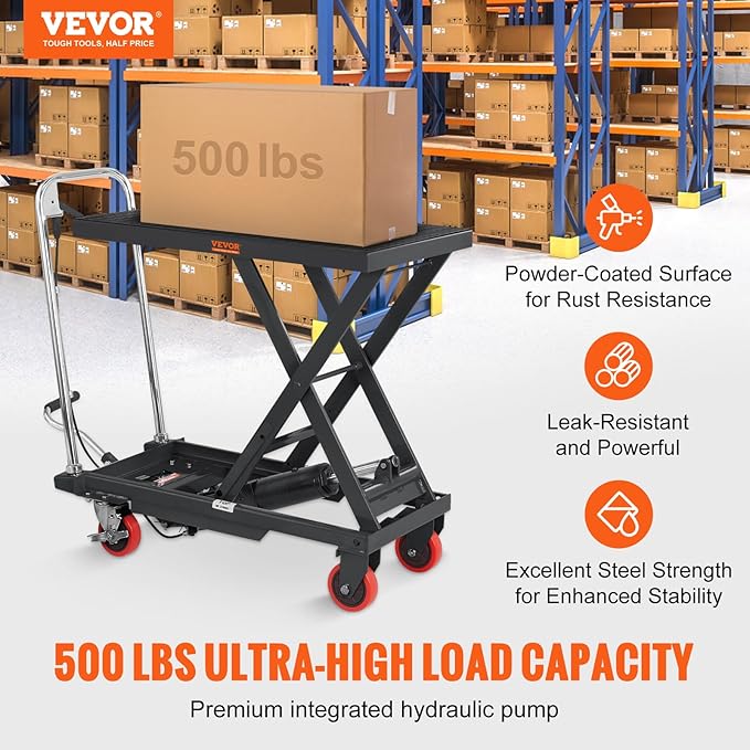 VEVOR Hydraulic Lift Table Cart, 500lbs Capacity 28.5" Lifting Height, Manual Single Scissor Lift Table with 4 Wheels and Non-Slip Pad, Hydraulic Scissor Cart for Material Handling, Black