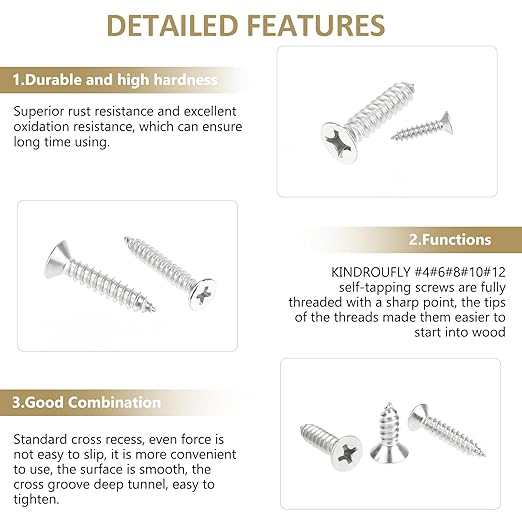 527 Pieces #4#6#8#10#12 Phillips Countersunk Head Self-Tapping Screws, Wood Screws Assortment Kit, 304 Stainless Steel