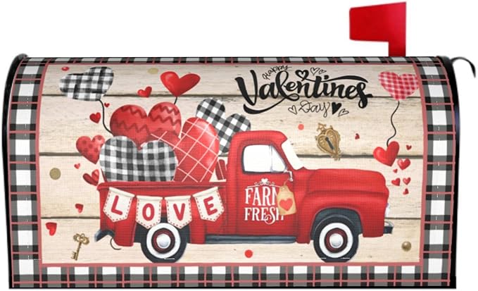 Valentines Day Mailbox Cover Magnetic Standard Size 21 x 18 Inch Love Hearts Red Truck Black White Buffalo Plaid Valentines Decoration Mailbox Cover Romantic Post Box Cover Wraps Garden Yard Decor