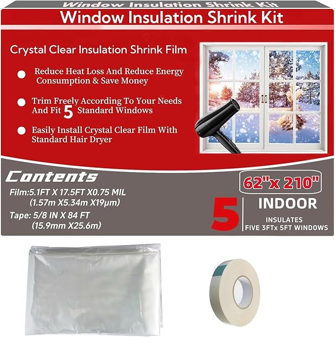 Indoor Window Insulation Kit, Clear Window Film for Heat and Cold (5 Windows (62x210 in))