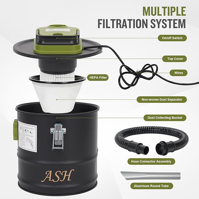 Ash Vacuum Cleaner -2.6 Gallon Fireplace Ash Vac with 800w Powerful Hose Non-Woven Dust Separator | Dry Stove Vacuum for Fireplaces Pellet Grill Wood Stove Fire Pits Green