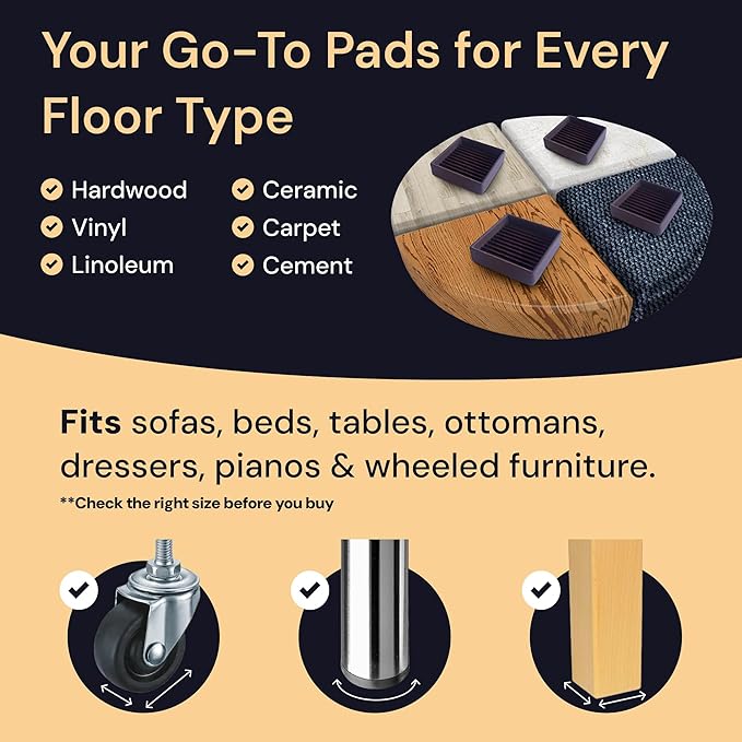 CasterMaster Non-Slip Rubber Furniture Pads - 3 in x 3 in Set of 4 Brown - Floor Protectors for Hardwood Floors & Chairs - Grippers & Rubber Feet for Furniture