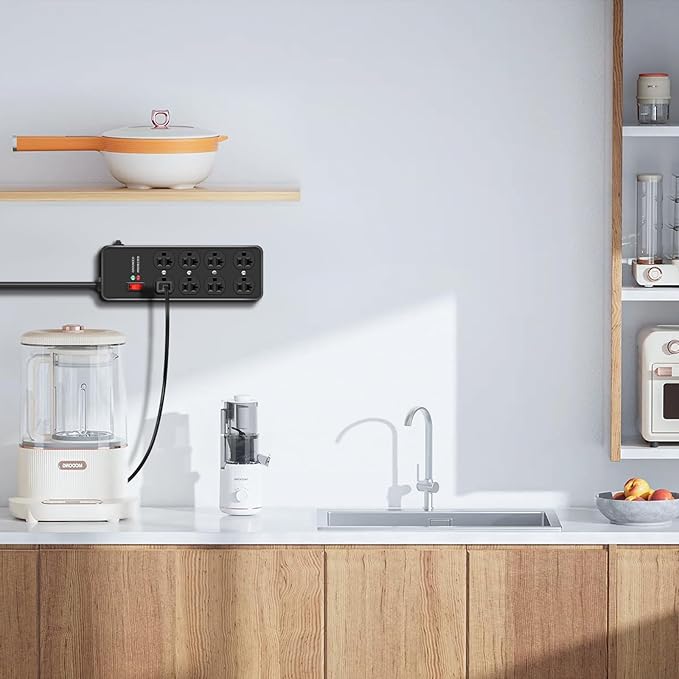 20Amp Power Strip Surge Protector, Durable Metal 8-Outlet with Heavy Duty 20 Amp 6Ft 12 Gauge Extension Cord, for Garage, Workshop & Industrial Use with 6-20R T-Slot Outlets, 4800J