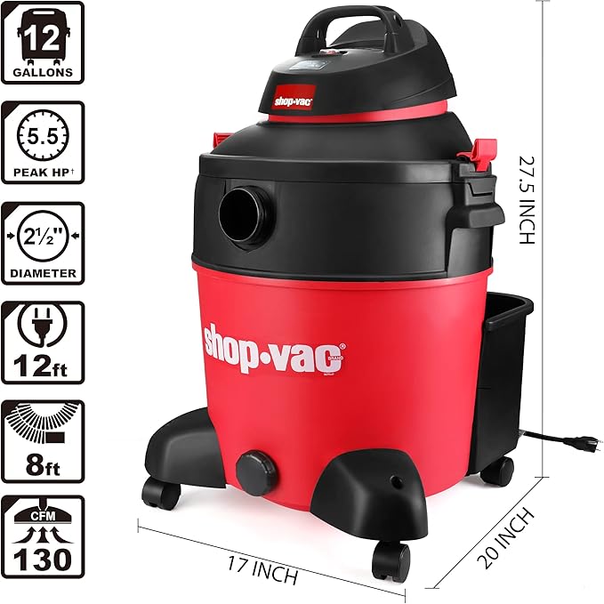 Shop-Vac 5983089 12 Gallon 5.5 Peak HP Wet/Dry Vacuum, 2.5 Inch Diameter x 8 Foot Hose, 12 Foot Cord, Ideal for Jobsite, Garage & Workshop