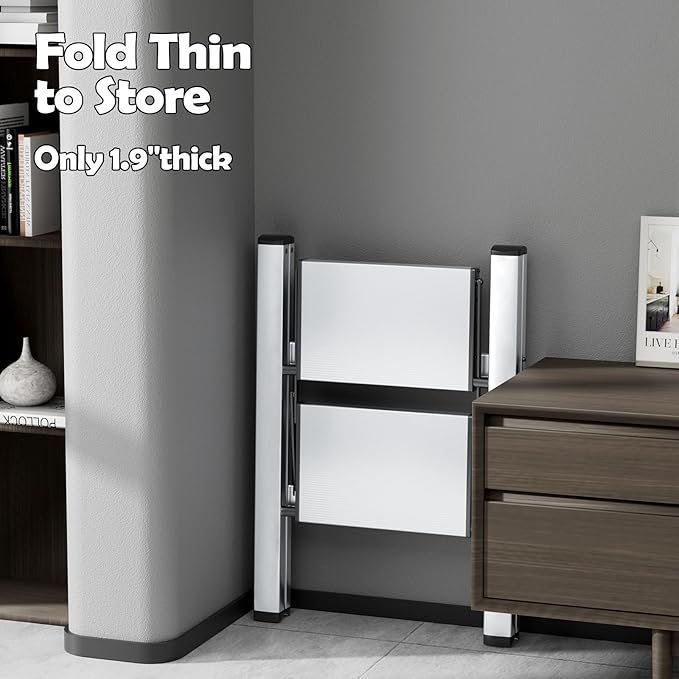 Taranta 2 Step Ladder,Aluminum Lightweight Folding 2 Step Stool with Anti-Slip Wide Pedal,330lbs Capacity Step Ladder for Household,Kitchen,Office - Silver