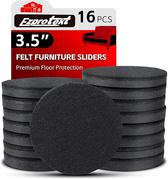 Ezprotekt 3.5" Felt Furniture Movers Sliders for Hardwood & Vinyl Floors, 16 Pcs Round Reusable Felt Furniture Moving Pads for Heavy Duty Sofa Bed Couch Cabinet, Move Items and Quickly (Black)