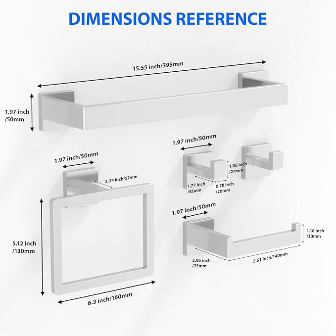 Brushed Nickel 5-Pieces Bathroom Hardware Set, SUS304 Rustproof Steel 16" Rectangle Bathroom Towel Racks Accessories Set, Luxury Hotel Grade Organization Hardware Kit