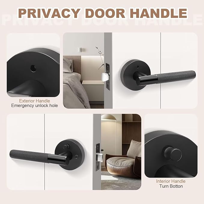 Black Interior Door Handle Locking, 1 Pack Knurled Privacy Modern Door Lever, Keyless Bed and Bath Door Lock, Round Reversible Handle