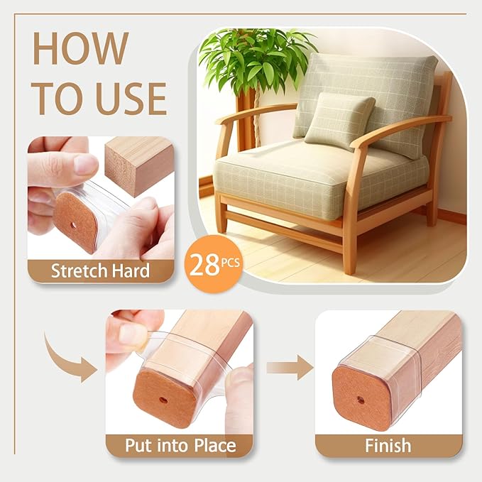 28Pcs Chair Leg Floor Protectors Square for Hardwood Floors Silicone Caps Felt Furniture Pads Covers Clear Chair Sliders, Protect The Floor from Scratches(Fit:1-1/16" ~ 1-5/8")