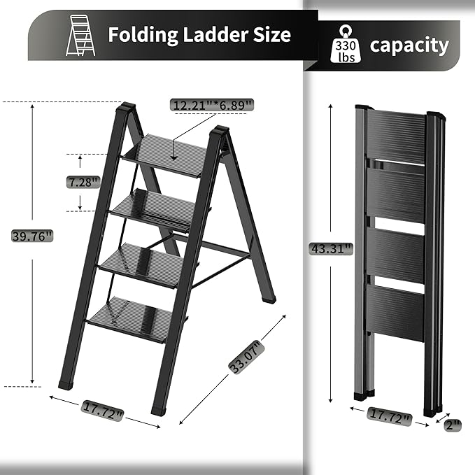 Lightweight Folding Step Ladder Household, Aluminum 4 Step Ladder Foldable for Home, Sturdy Step Stool for Adults 330 Lbs - Black
