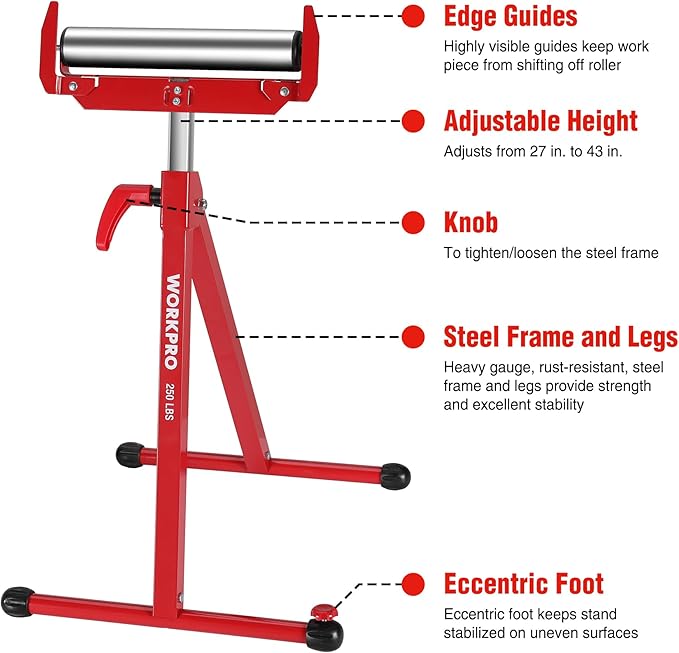 WORKPRO Folding Roller Stand Height Adjustable, Heavy Duty 250 LB Load Capacity, Outfeed Woodworking (Upgraded head)