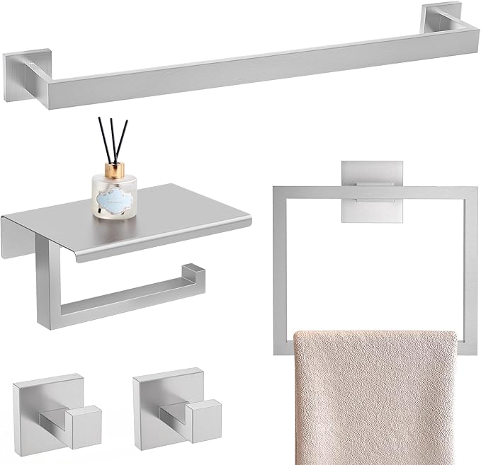 YACVCL 5 Pieces Brushed Nickel Bathroom Accessorie Set 23.6 Inch Towel Bar Set SUS304 Stainless Steel Towel Holder Set for Bathroom,Toilet Paper Holder with Shelf Wall-Mounted Bathroom Hardware Set