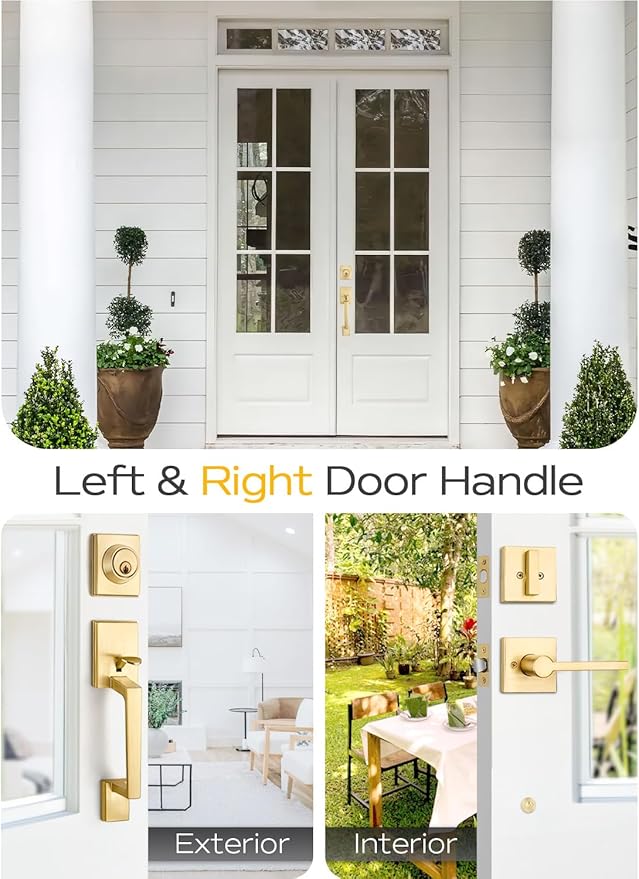 EHOMEWARE Gold Front Door Handle Set, Brass Heavy Duty Square Door Lever & Single Cylinder Deadbolt Combo Reversible for Entrance Exterior Doors 2 Sets