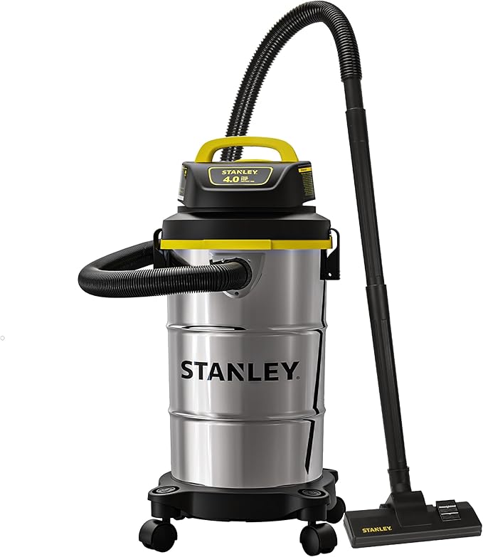 STANLEY Shop Vacuum Wet/Dry, 5 Gallon, 4 Horsepower, Stainless Steel Wet/Dry Vac Silver+Yellow+Black