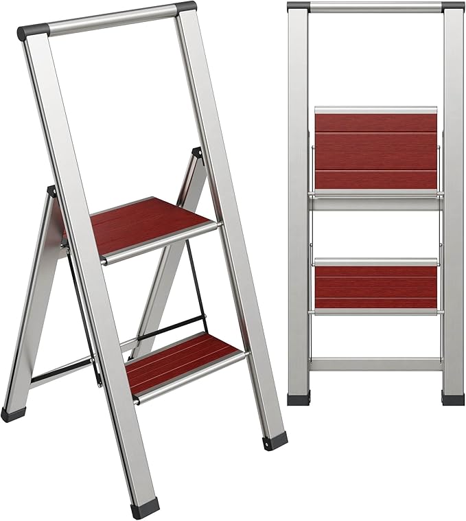 Step Ladder 2 Step Folding, Decorative - Beautiful Mahogany & Silver Aluminum, Ultra Slim Profile, Anti Slip Steps, Sturdy-Portable for Home, Office, Kitchen, Photography Use,by SORFEY